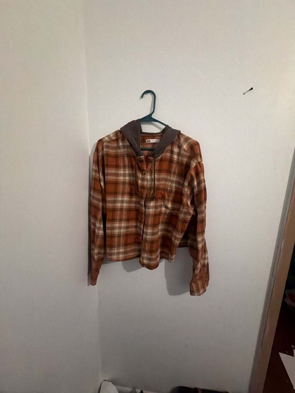 SO Hooded Flannel Shirt Size L Orange Plaid Long Sleeve Top